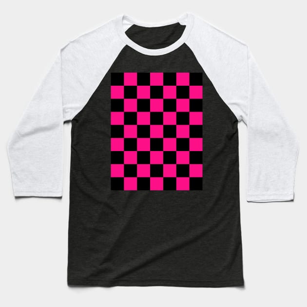Checkered squares hot pink black geometric retro pattern Baseball T-Shirt by PLdesign